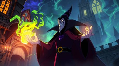 An Isekai-inspired artwork depicting a classic Disney villain immersed in the enchanting act of casting a spell within an anc