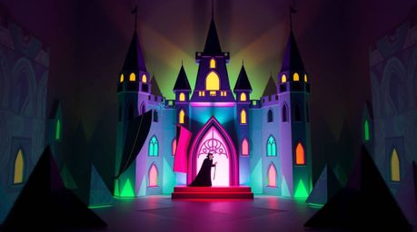 A classic Disney villain unleashes a mesmerizing spell within a meticulously crafted origami castle. The scene is brought to