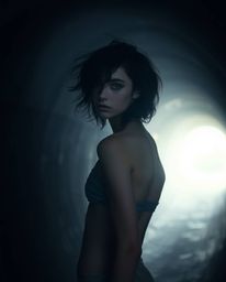 A figure with pale skin and dark hair stands at the tunnel's edge, bathed in a soft, ethereal light. The image evokes a dream