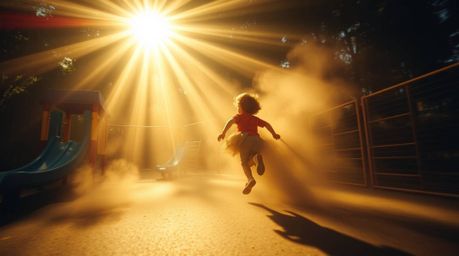 Experience the thrill of a dramatic slow-motion run through a playground, captured from a high angle with volumetric lighting