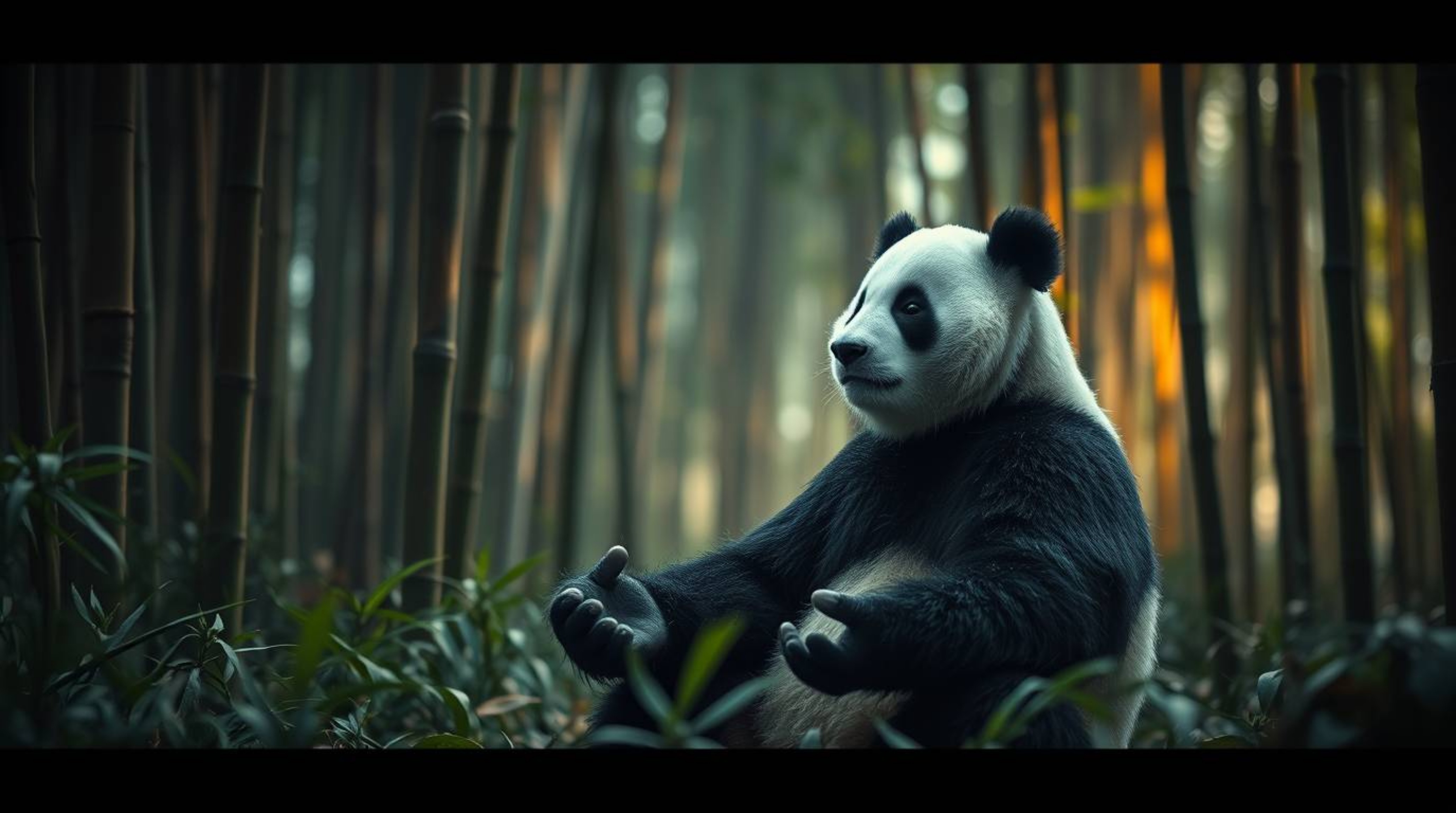 A cinematic scene featuring a martial artist panda deep in meditation within a serene bamboo forest. The composition is caref