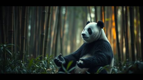 A cinematic scene featuring a martial artist panda deep in meditation within a serene bamboo forest. The composition is caref