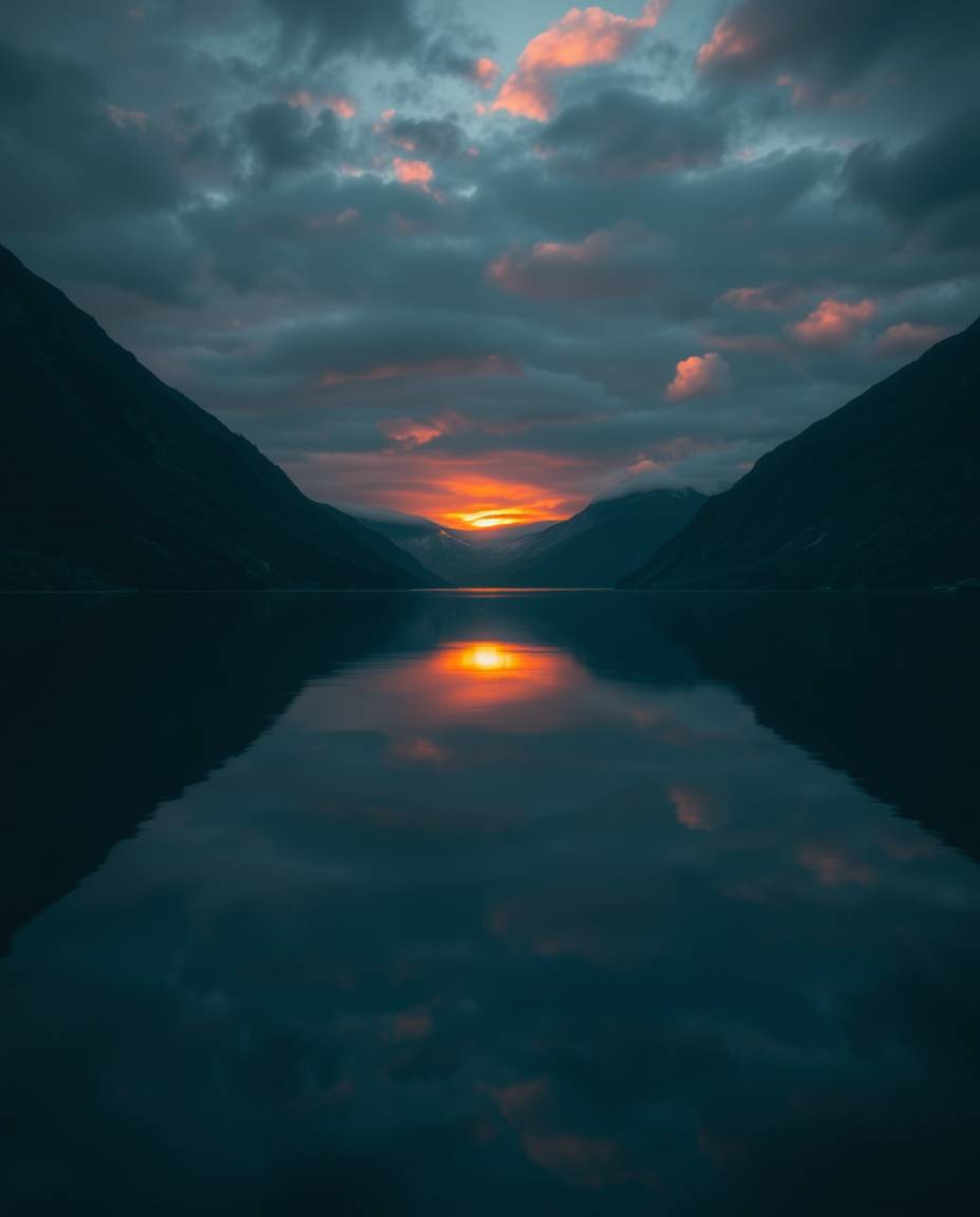 An image of a glassy fjord reflecting a sunset, illuminated by intense dramatic lighting. The scene is characterized by a str