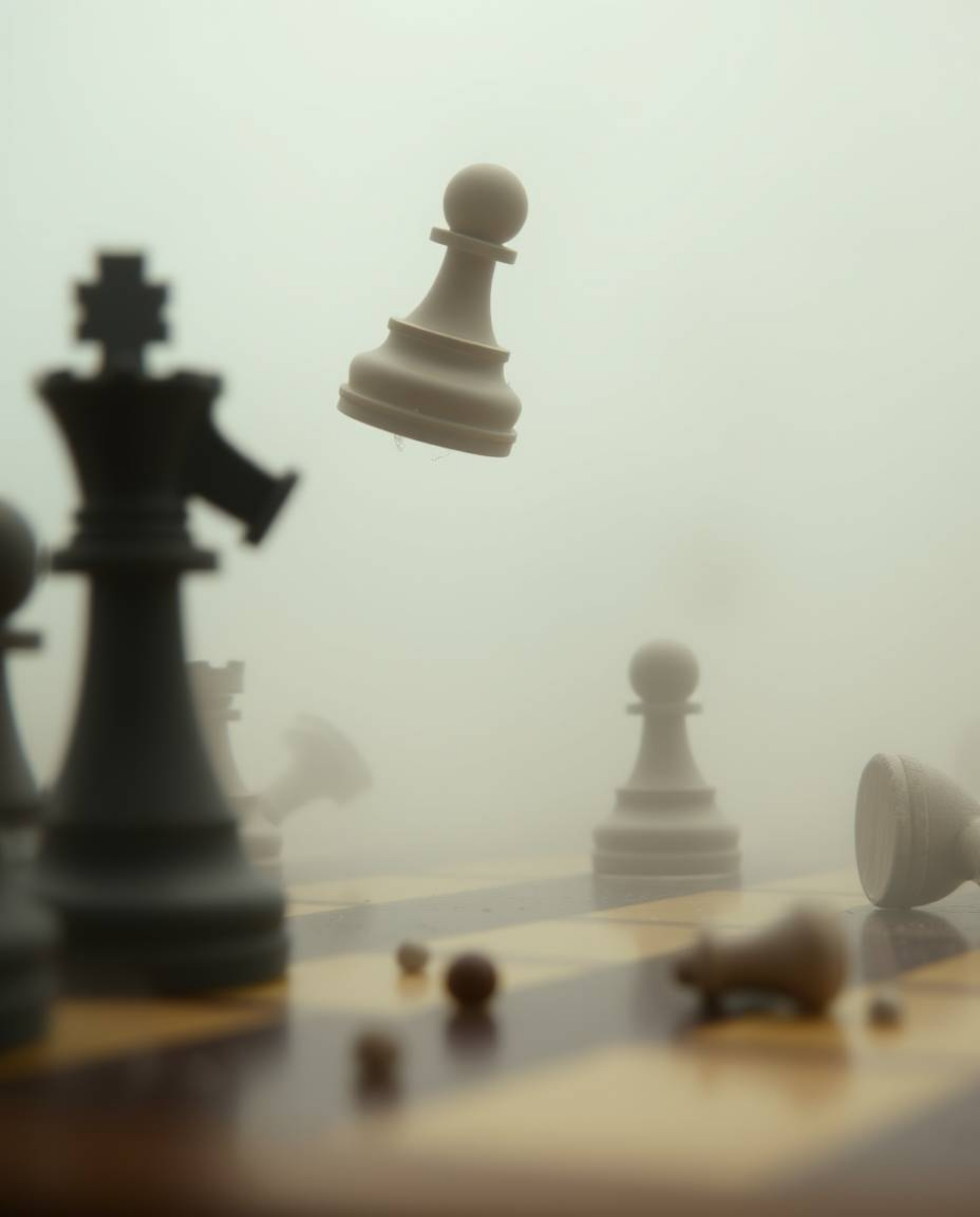 A captivating photograph depicts a chessboard amidst a chaotic scene. Chess pieces are frozen mid-air, seemingly caught in th