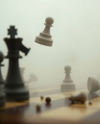 A captivating photograph depicts a chessboard amidst a chaotic scene. Chess pieces are frozen mid-air, seemingly caught in th