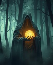 A mesmerizing depiction of a cloaked figure within a misty forest, holding a radiant glowing orb. The artwork evokes an epic 