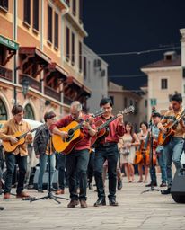 A captivating high-resolution stock photo depicts a vibrant musical number unfolding in a bright town square.  The image show