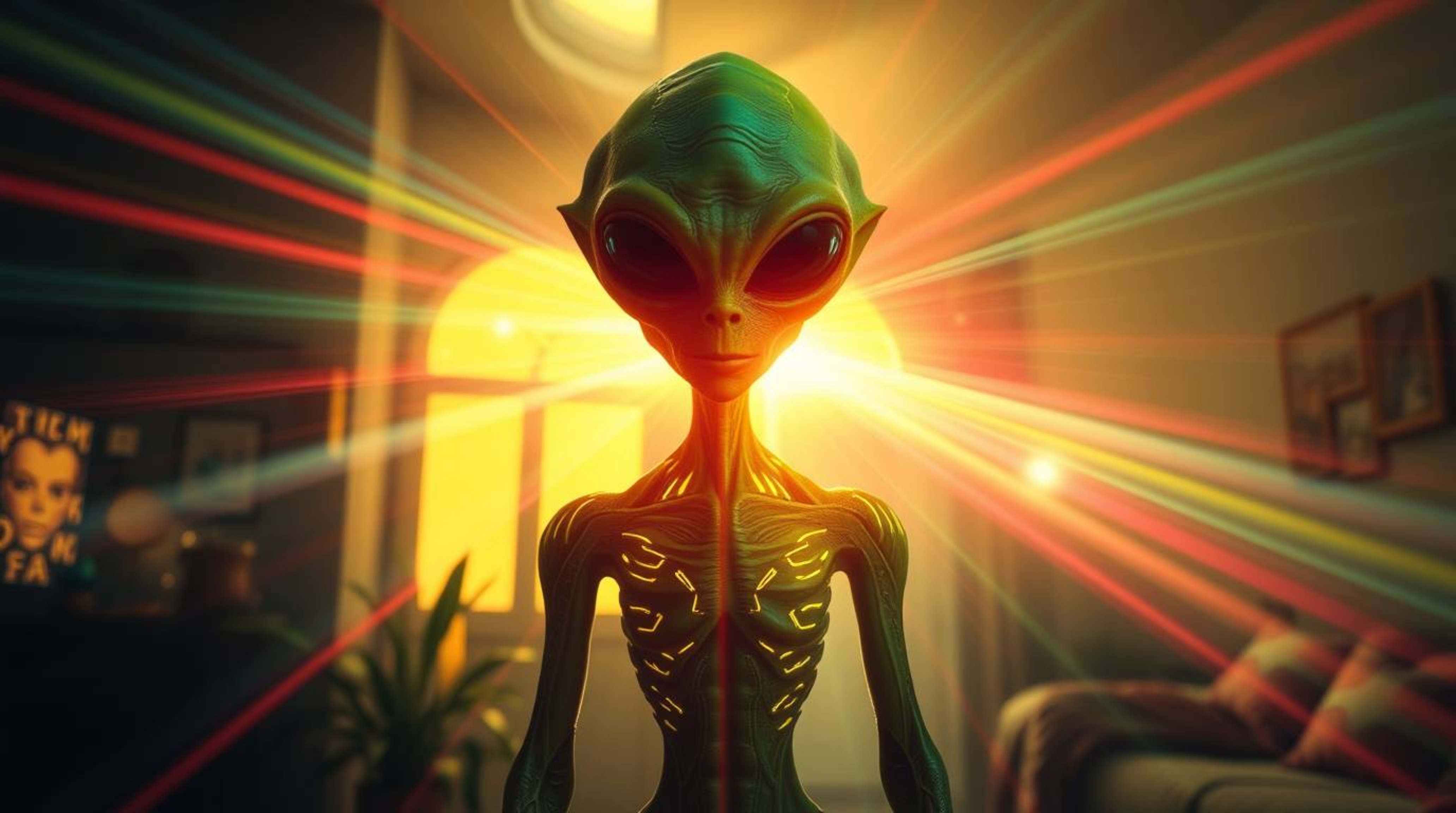 This collection features brightly lit and vibrant images of an alien thriving in a suburban home setting.  The scenes are rad