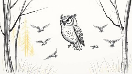 A charming hand-drawn sketch in the style of Pixar animation depicts a blind owl, meticulously detailed with textured pencil 