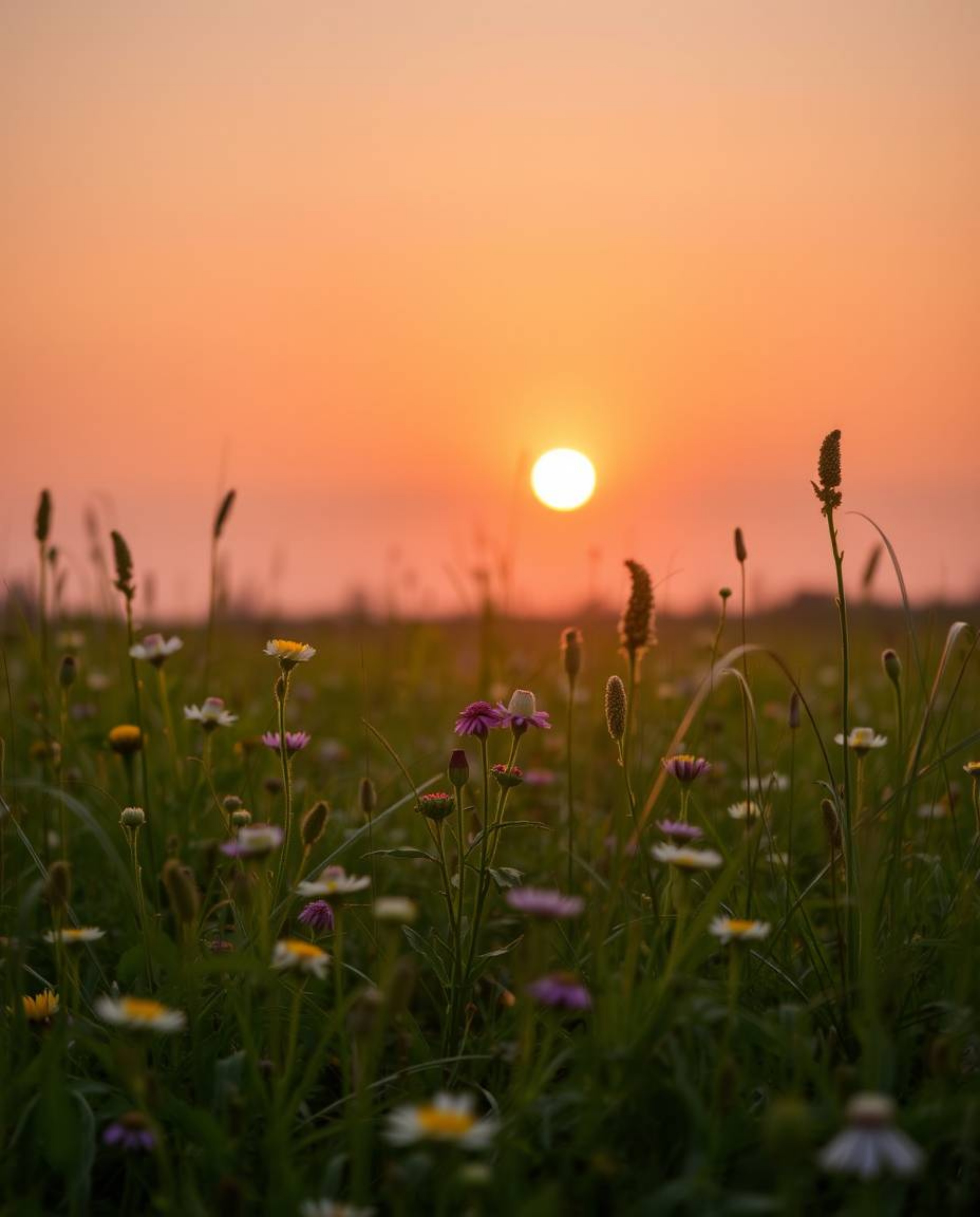 A softly lit photograph captures the serene beauty of a sunset over a spring wildflower meadow. The diffused light and subtle