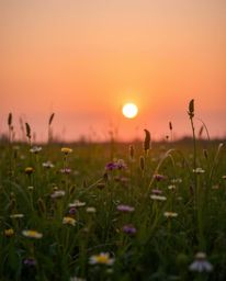 A softly lit photograph captures the serene beauty of a sunset over a spring wildflower meadow. The diffused light and subtle