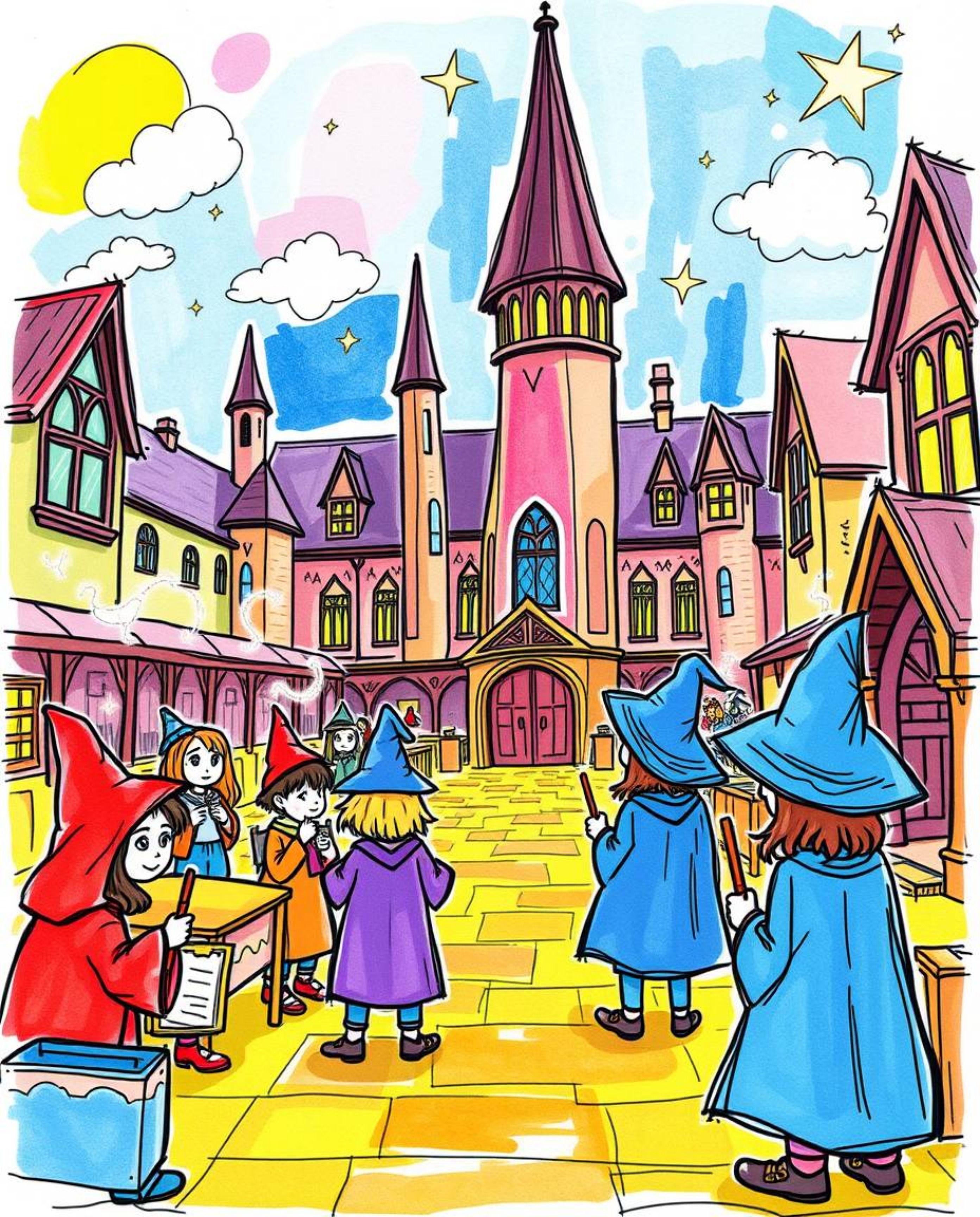 A captivating hand-drawn sketch depicts a magical school brimming with young wizards.  Rendered in bright, vibrant colors usi