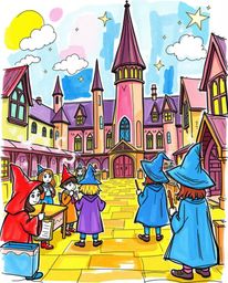 A captivating hand-drawn sketch depicts a magical school brimming with young wizards.  Rendered in bright, vibrant colors usi