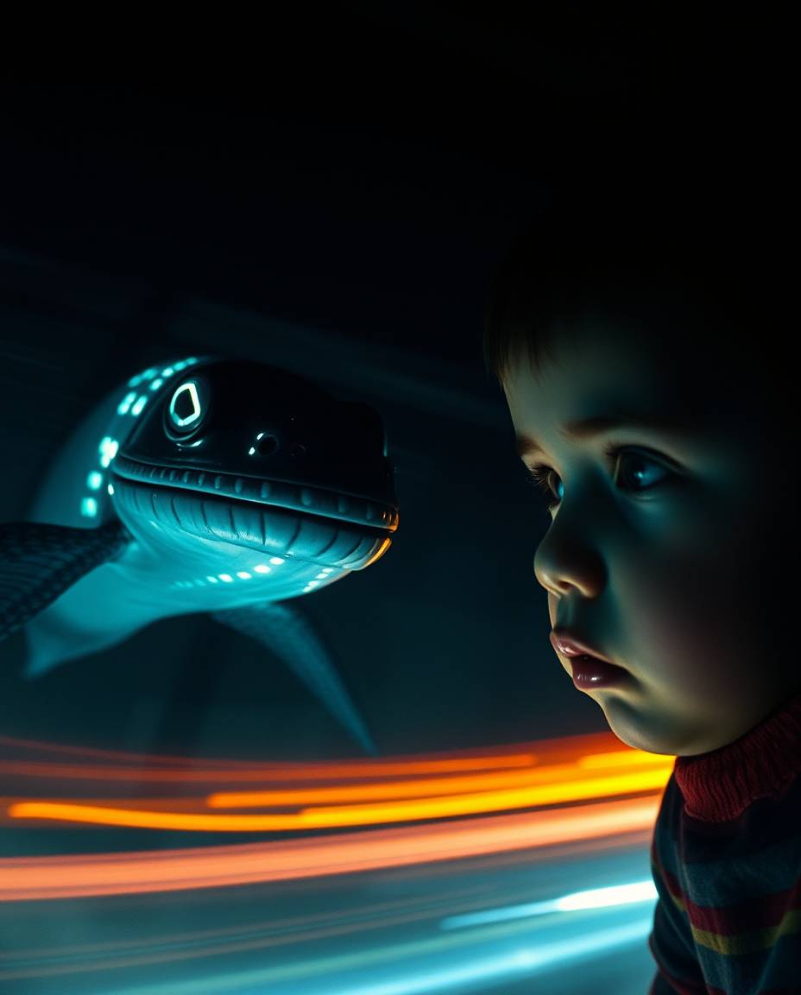 A captivating scene unfolds with dramatic cinematic style, showcasing a bioluminescent sea creature befriending a child. The 