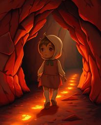 A graceful child with refined features and a warm skin tone embarks on an enchanting journey into a cave, guided by a trail o