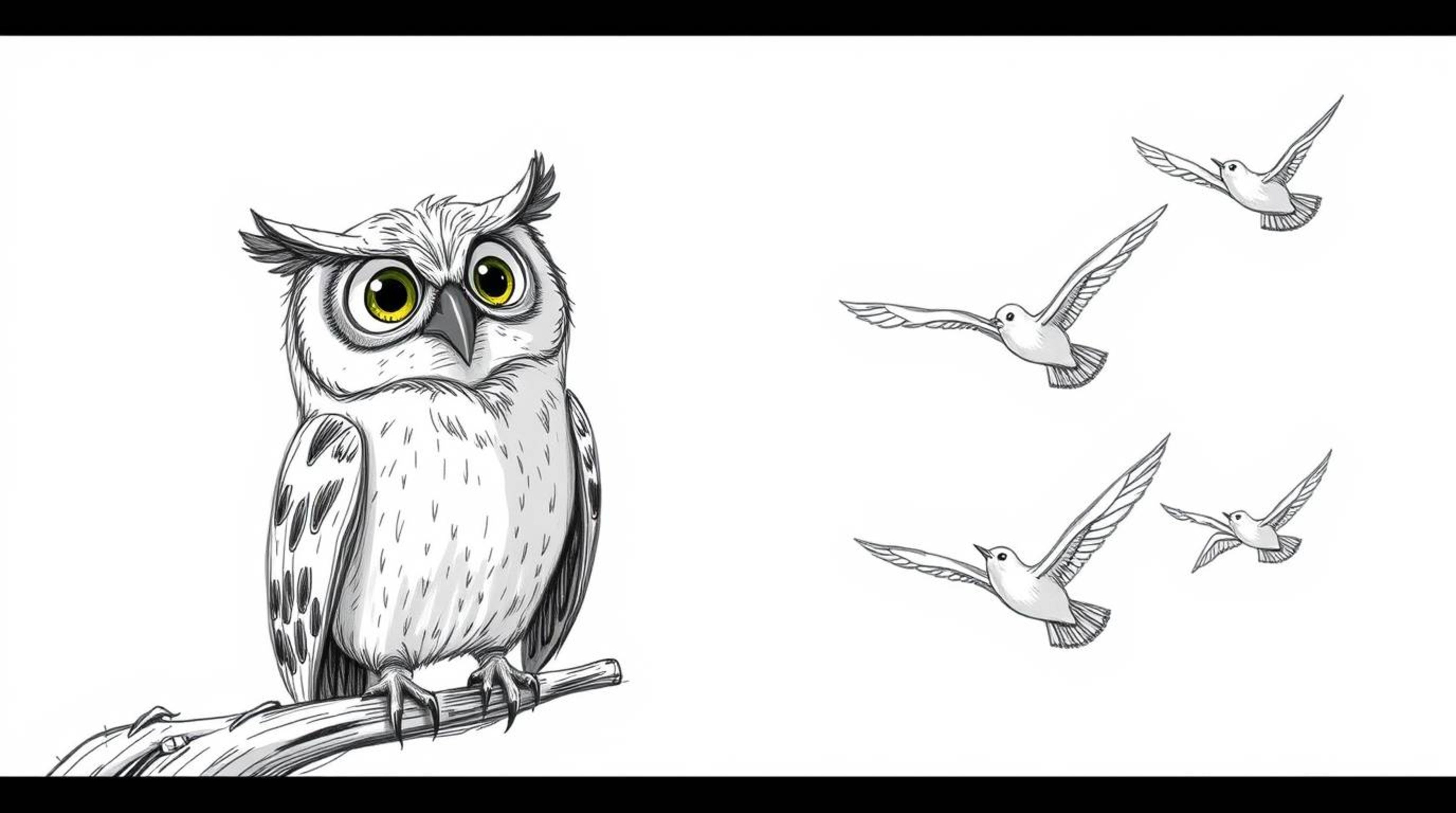 A heart-warming illustration depicts a blind owl, rendered in a hand-drawn Pixar style, passionately teaching a flock of bird
