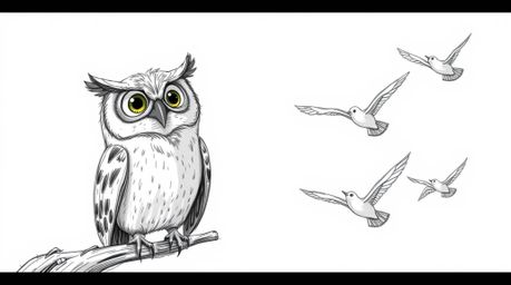 A heart-warming illustration depicts a blind owl, rendered in a hand-drawn Pixar style, passionately teaching a flock of bird