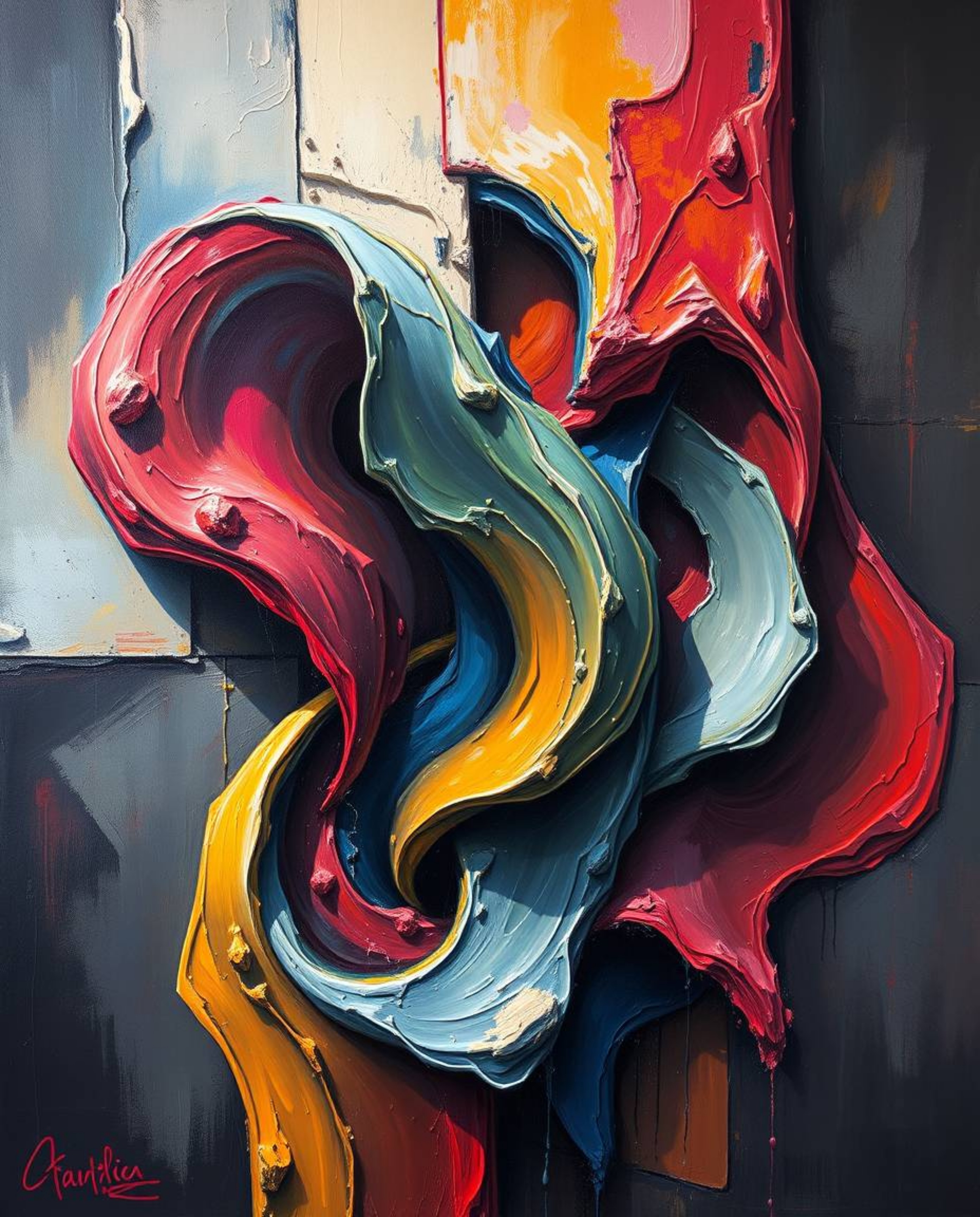 A captivating oil painting in a classic style featuring intense, dramatic lighting. The artwork depicts colorful 3D fluid sha