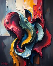 A captivating oil painting in a classic style featuring intense, dramatic lighting. The artwork depicts colorful 3D fluid sha
