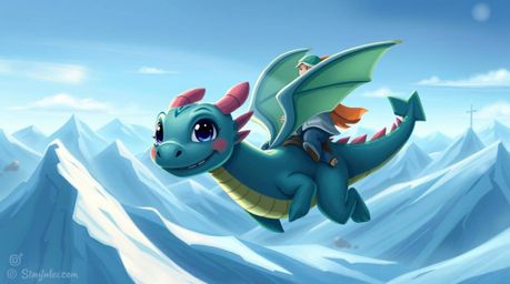 A captivating digital painting showcases an adorable dragon and its rider soaring above majestic icy mountains.  Rendered in 