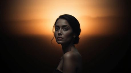 Evoke a sense of moody elegance with these captivating portraits, featuring a sunset gradient texture, refined facial feature