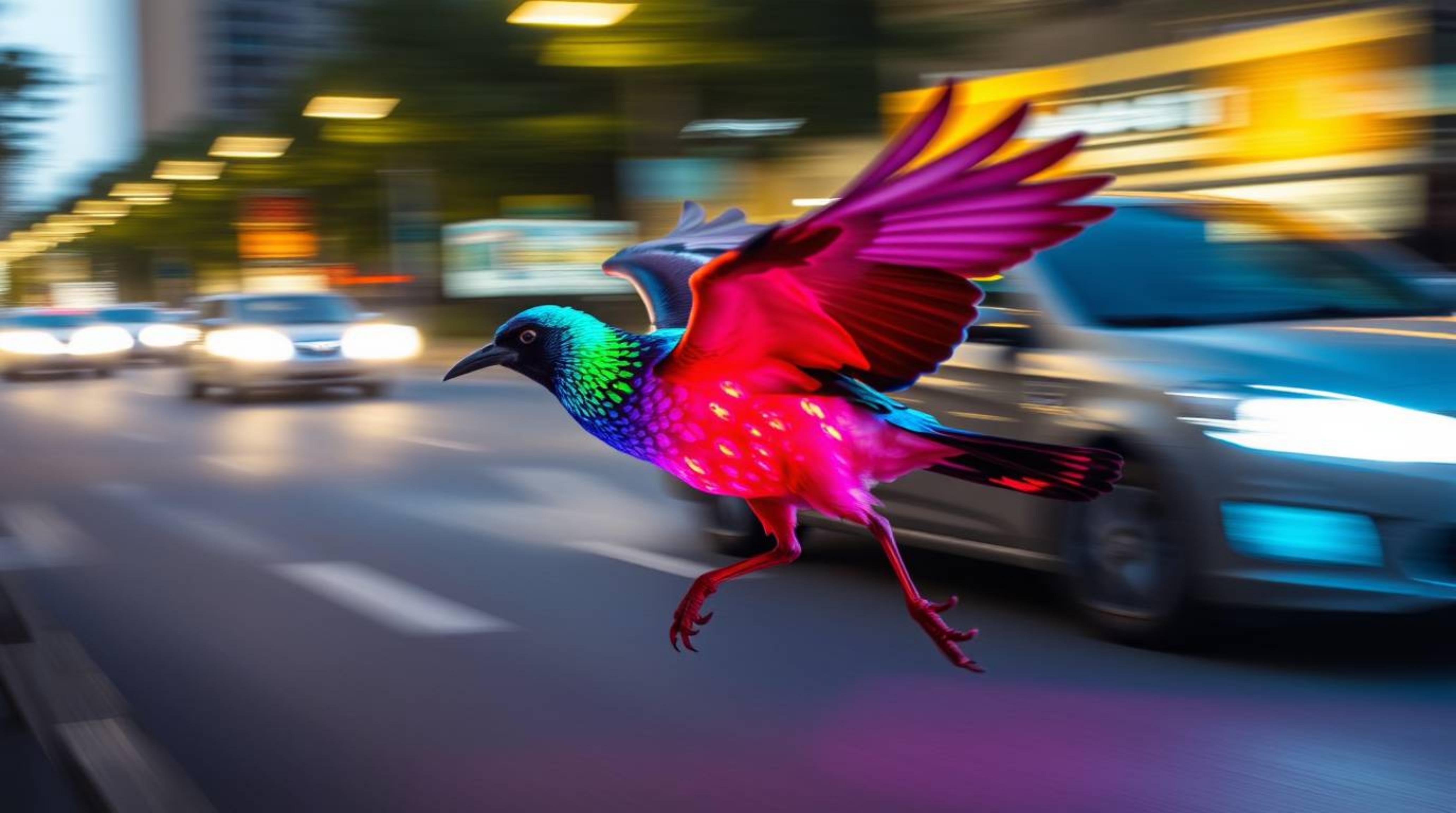 Witness a captivating scene as a swift bird, radiating with vibrant bioluminescence, streaks past urban traffic. Enhanced by 