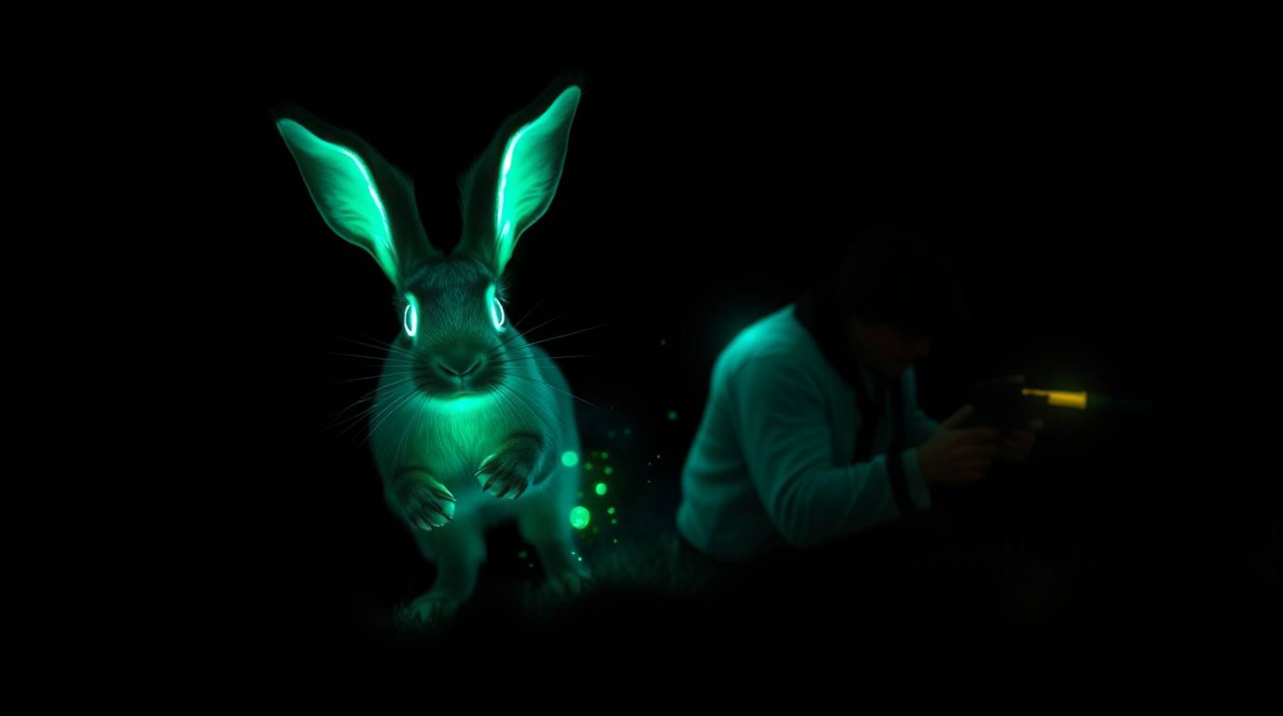 Witness a wacky rabbit with glowing, bioluminescent features in a thrilling escape from a hunter. The scene is dominated by i