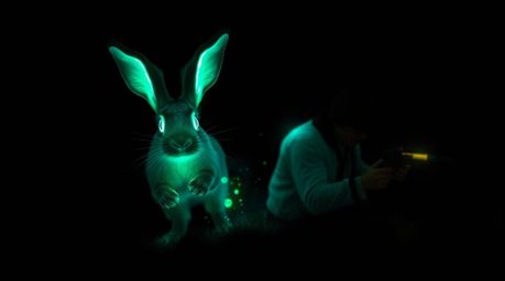 Witness a wacky rabbit with glowing, bioluminescent features in a thrilling escape from a hunter. The scene is dominated by i