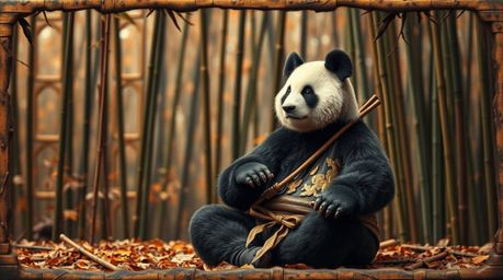 This artwork captures a serene scene of a panda martial artist deep in meditation within a lush bamboo forest. The piece evok