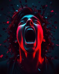 A dramatic cinematic scene depicting a person screaming as their world dramatically shatters into vibrant burgundy and deep b