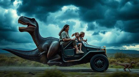 Find high-quality, high-resolution stock photos featuring a prehistoric family riding a dinosaur car through intense, dramati