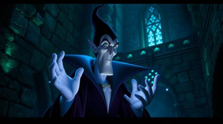 A classic Disney villain, with sharp features and pale skin, casts a spell within an ancient stone castle. The scene is bath