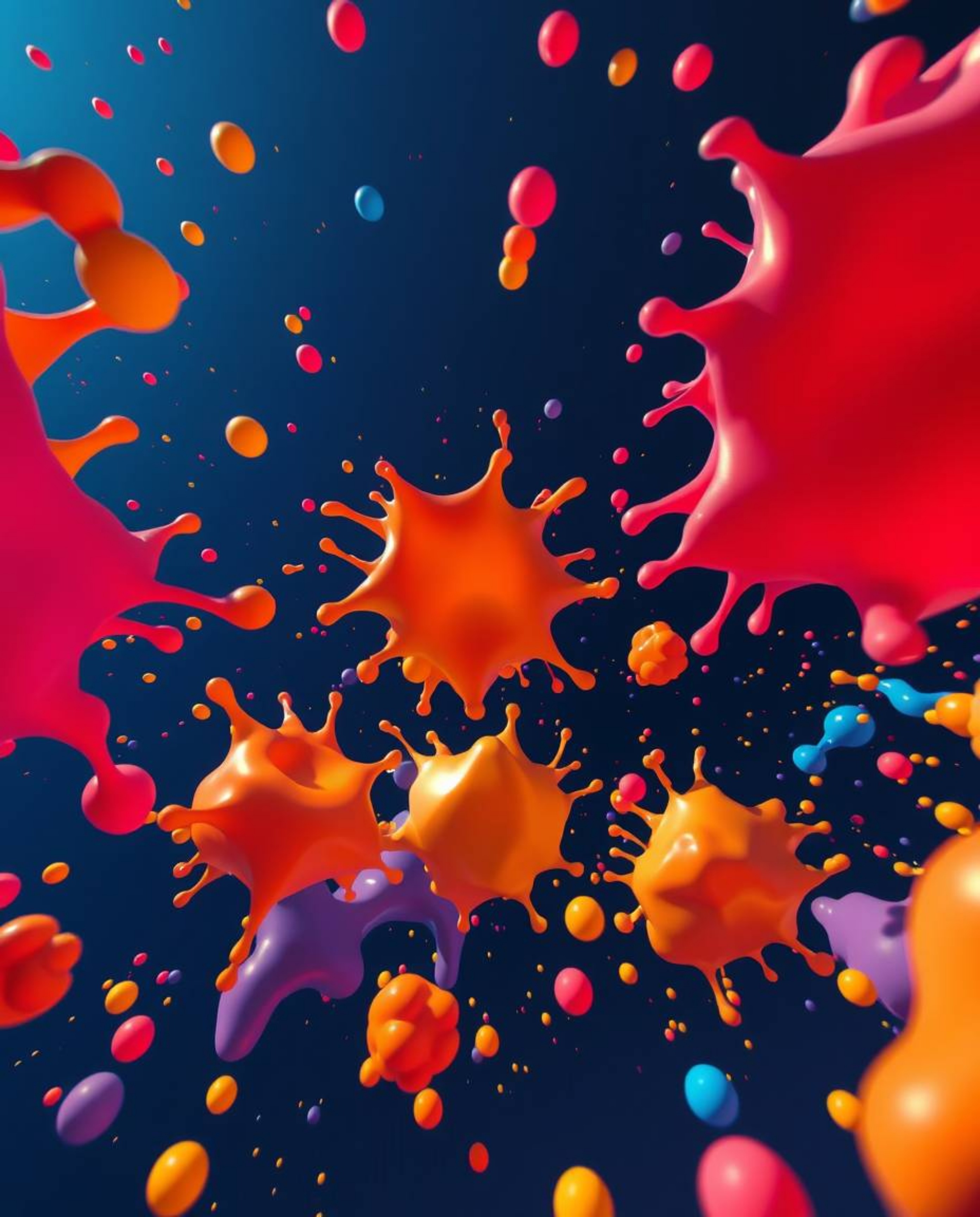 Experience the vibrant energy of abstract 3D art. This surreal digital artwork depicts colorful splash shapes floating in spa