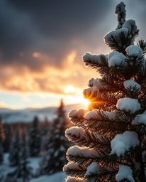 An extreme macro close-up photograph captures the striking scene of sunset light sparkling on snowy pine trees amidst intense