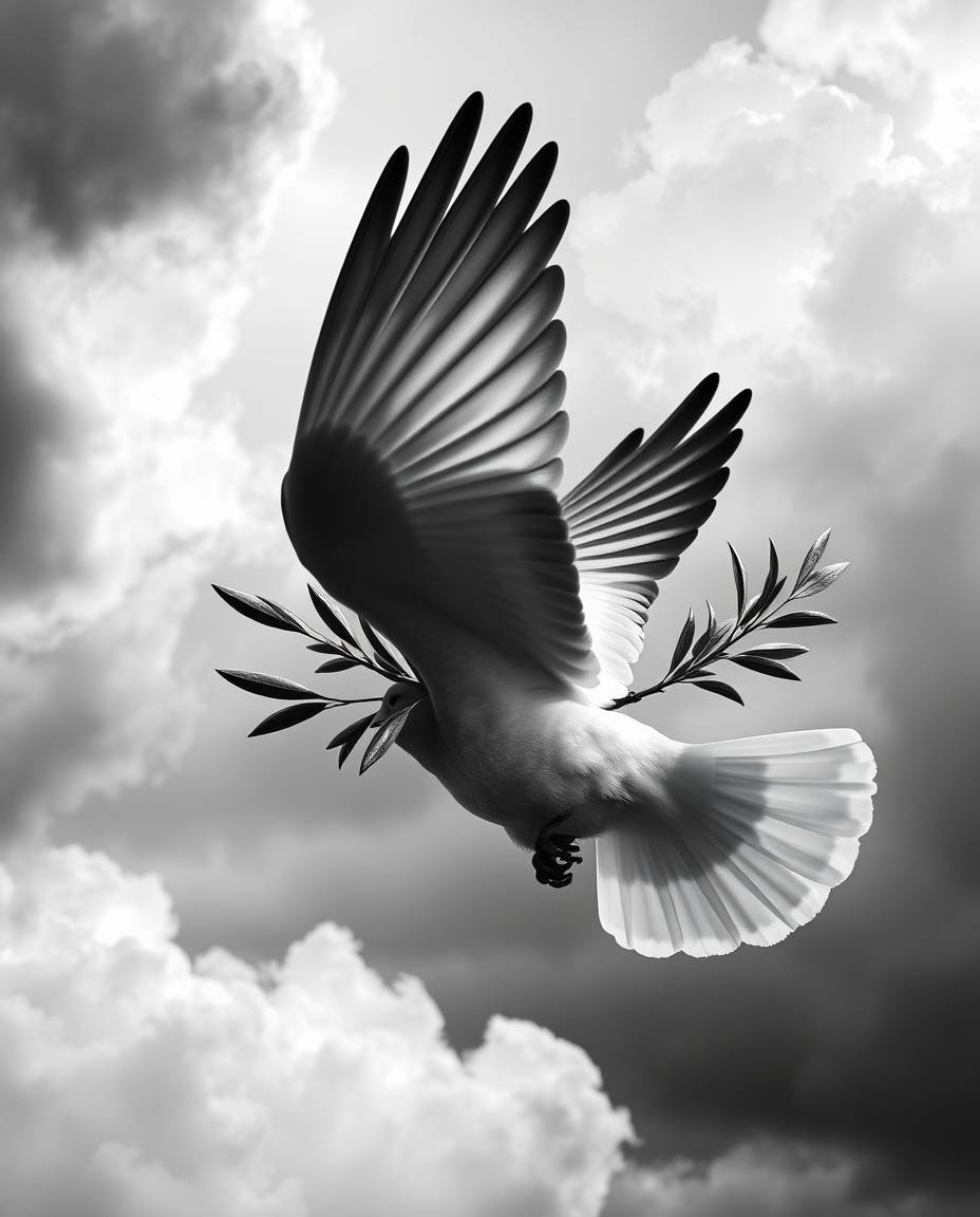 This classic black and white image captures a dove carrying an olive branch through stormy skies, embodying timeless elegance
