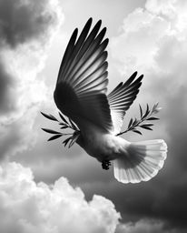 This classic black and white image captures a dove carrying an olive branch through stormy skies, embodying timeless elegance