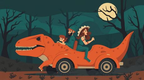 This modern flat design depicts a prehistoric family joyriding in a dinosaur car amidst an eerie and unsettling atmosphere. T
