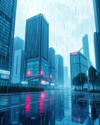 An Isekai-inspired anime-style image depicting a wet, rainy scene in a glitchy digital landscape. Distorted skyscrapers and s