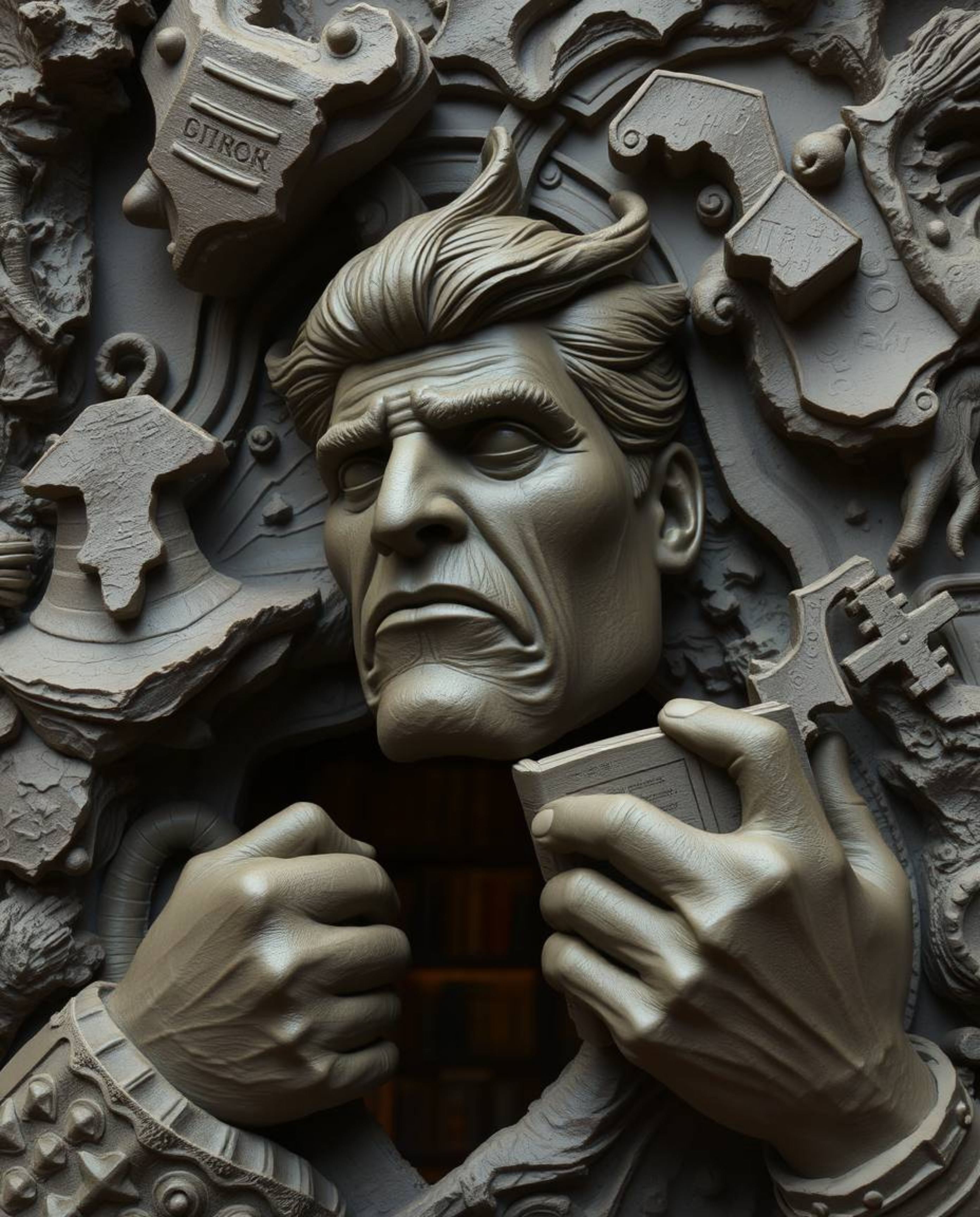 Experience the raw intensity of dramatic weather depicted in sculptural clay art. This piece features a figure with strong fe