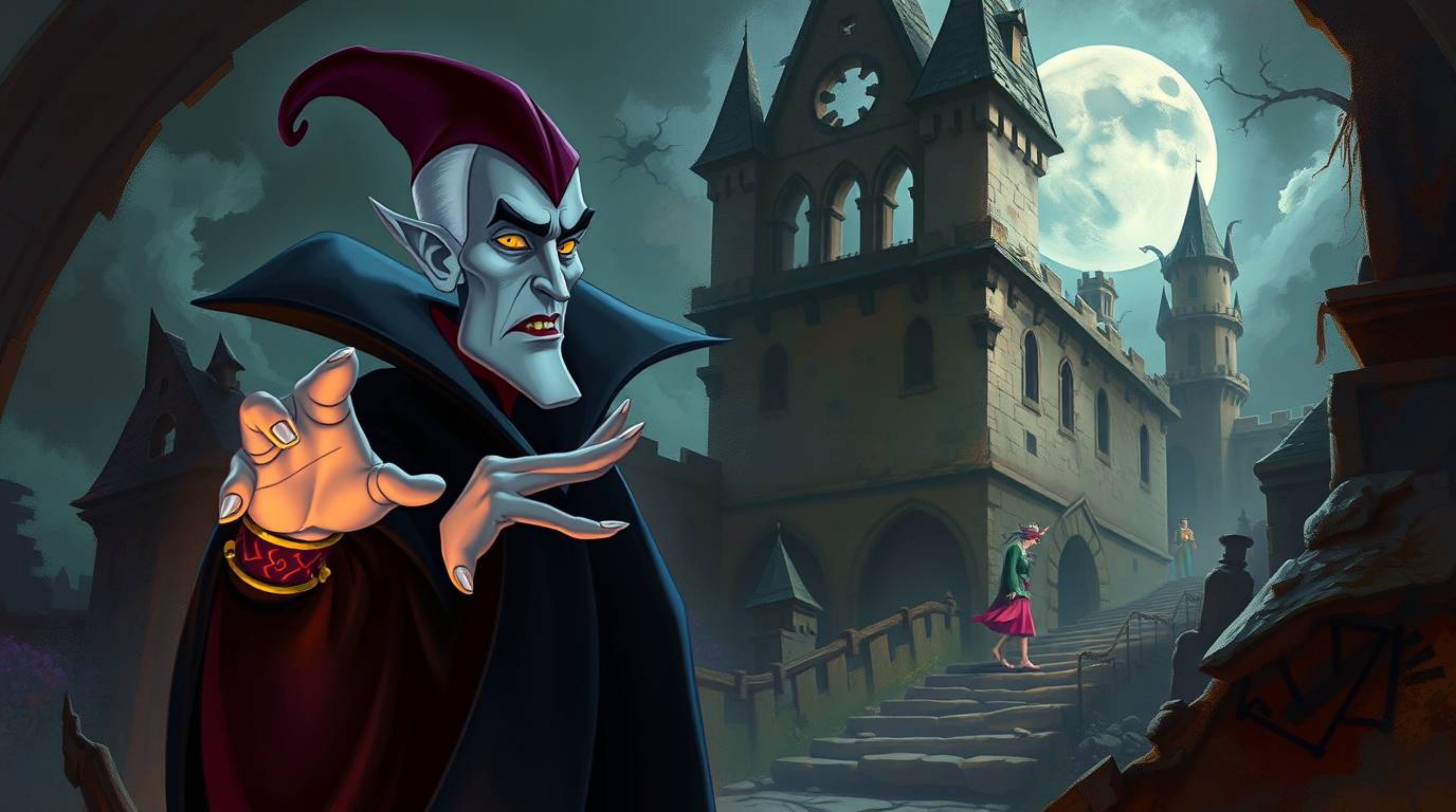 A classic Disney villain with sharp features and pale skin casts a spell within the crumbling walls of an old castle. The sce