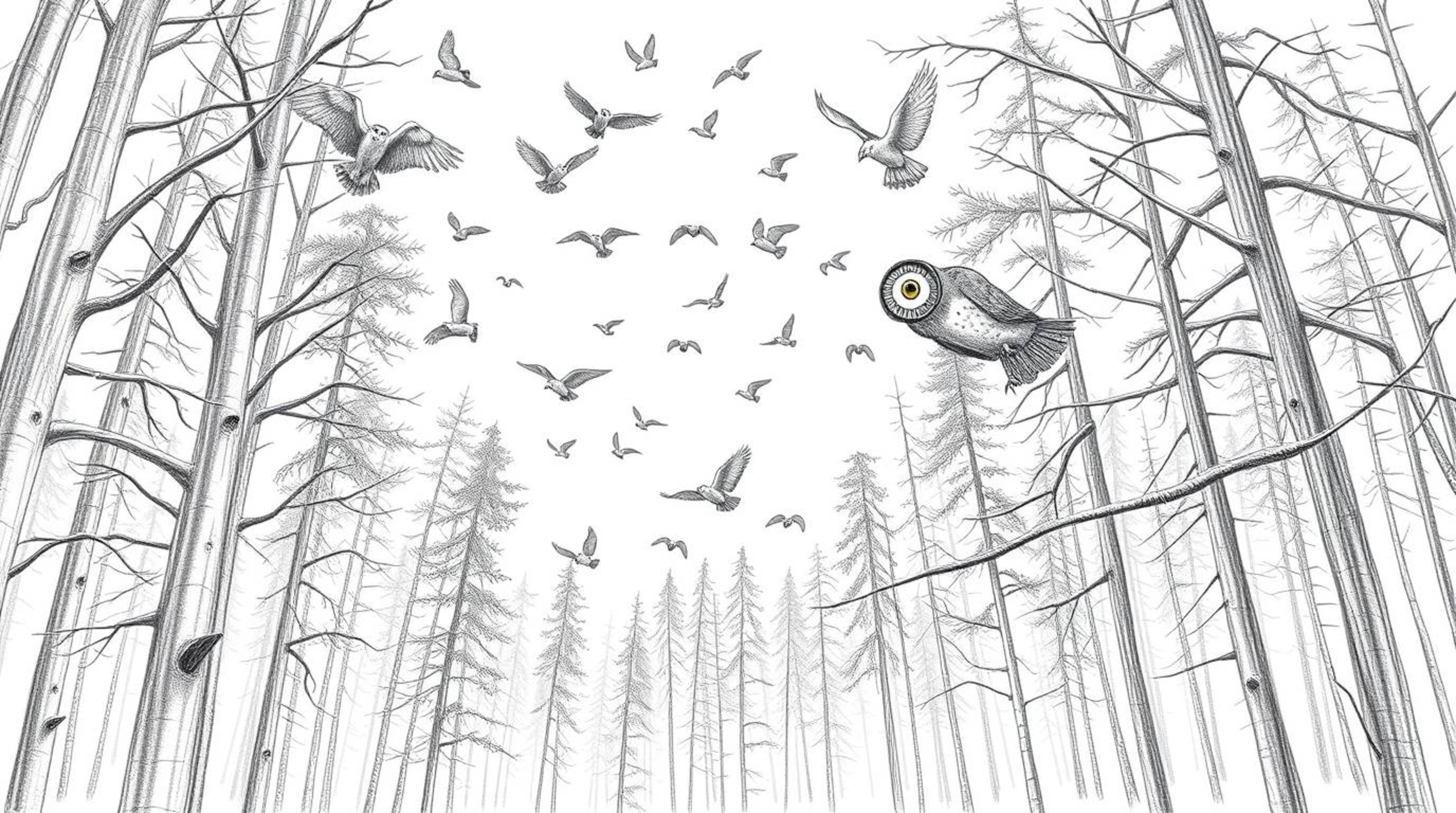 A captivating hand-drawn pencil sketch depicts a blind owl and numerous birds in flight within a majestic forest. Rendered i