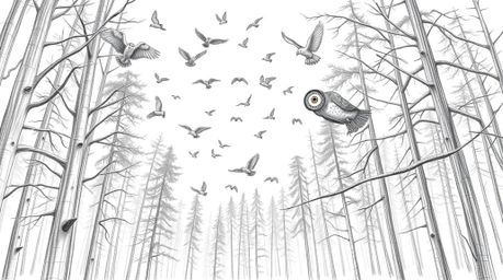 A captivating hand-drawn pencil sketch depicts a blind owl and numerous birds in flight within a majestic forest.  Rendered i