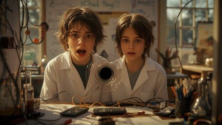 A vibrant, cinematic photograph, reminiscent of a Pixar-inspired animated film, captures two excited teenage scientists, a bo