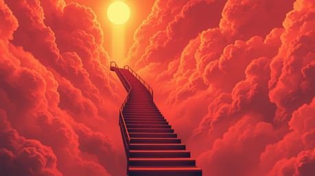 This warm, futuristic sci-fi illustration features a surreal stairway suspended in mid-air, winding through smoky clouds towa