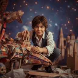 A captivating high-fashion photograph depicts a young boy with a curious smile, building a magnificent, intricately detailed 