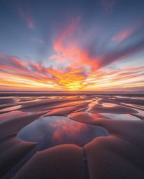 A professional fine art photograph showcases an unusual and original composition of a sunset sky mirrored in the tranquil tid