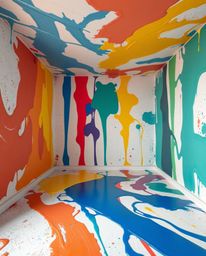 A captivating scene of a room undergoing a vibrant paint explosion, rendered in a modern flat design aesthetic. The image foc