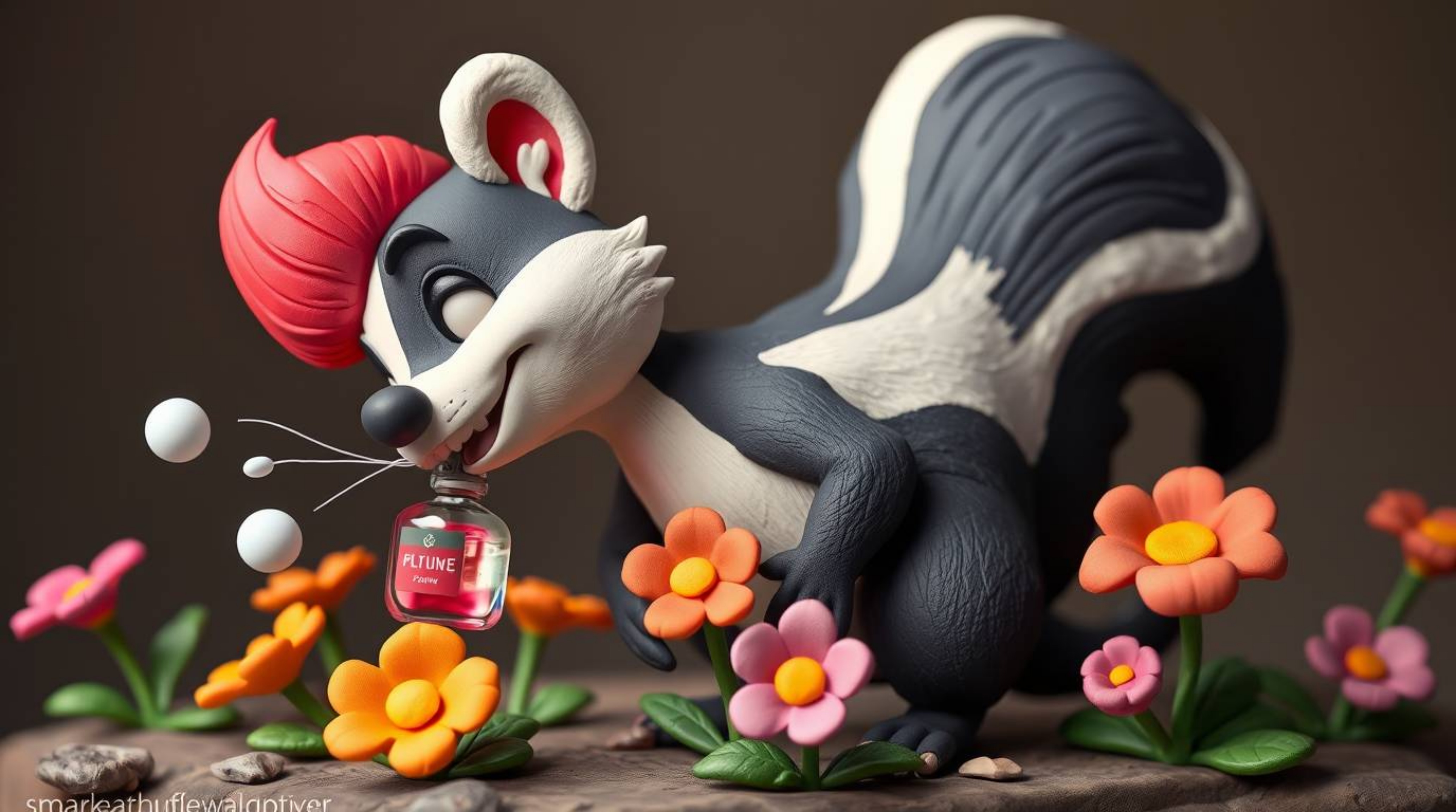 This whimsical artwork features a cartoon skunk, vibrantly colored and full of life, delicately spraying perfume onto flowers