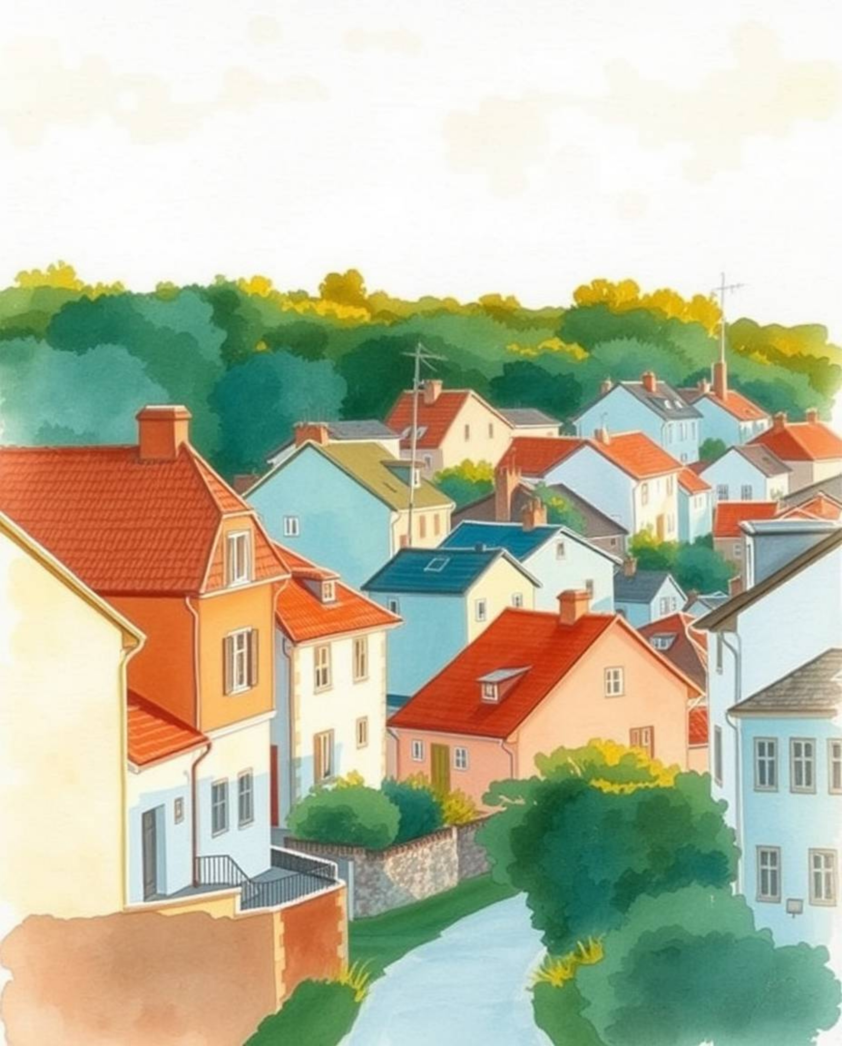 A captivating watercolor painting depicts a sleepy town, its pastel-colored houses bathed in the warm glow of golden hour lig