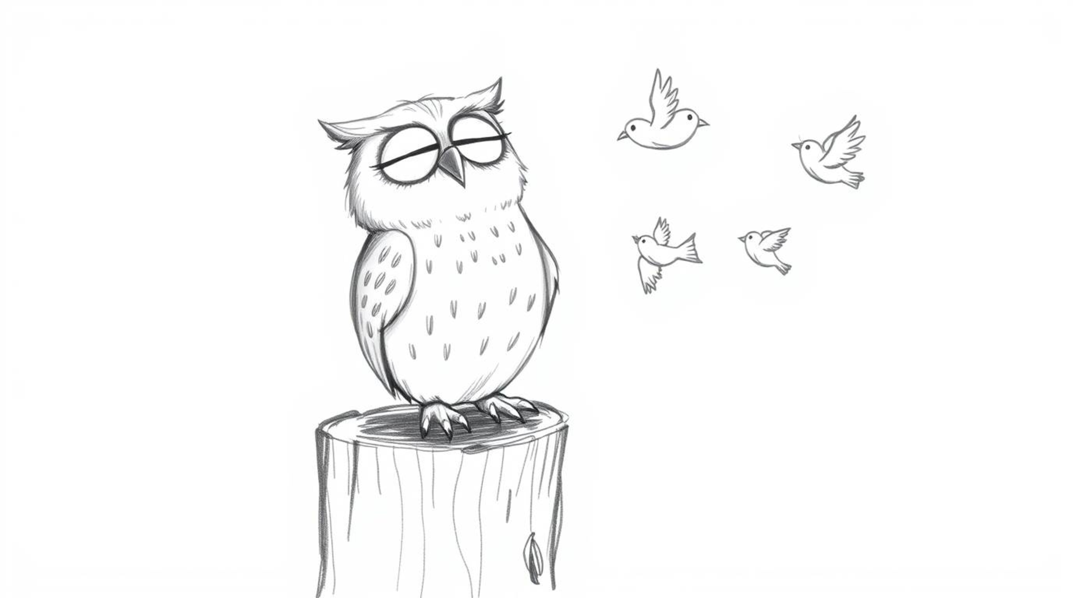 A heartwarming hand-drawn sketch in the style of Pixar depicts a blind owl perched on a tree stump, filled with joy as small 